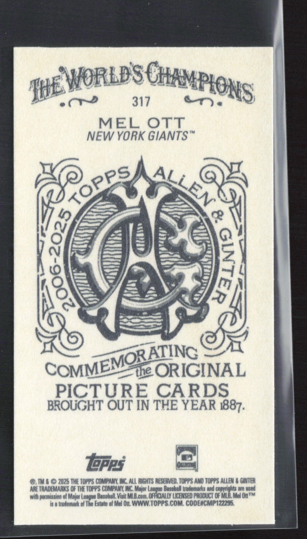 2025 Topps Allen & Ginter #317 Mel Ott Mini Allen & Ginter Back