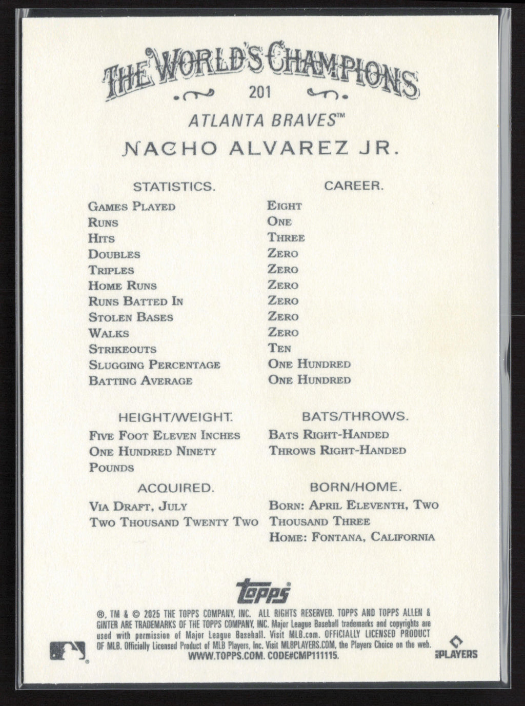 2025 Topps Allen & Ginter #201 Nacho Alvarez Jr.