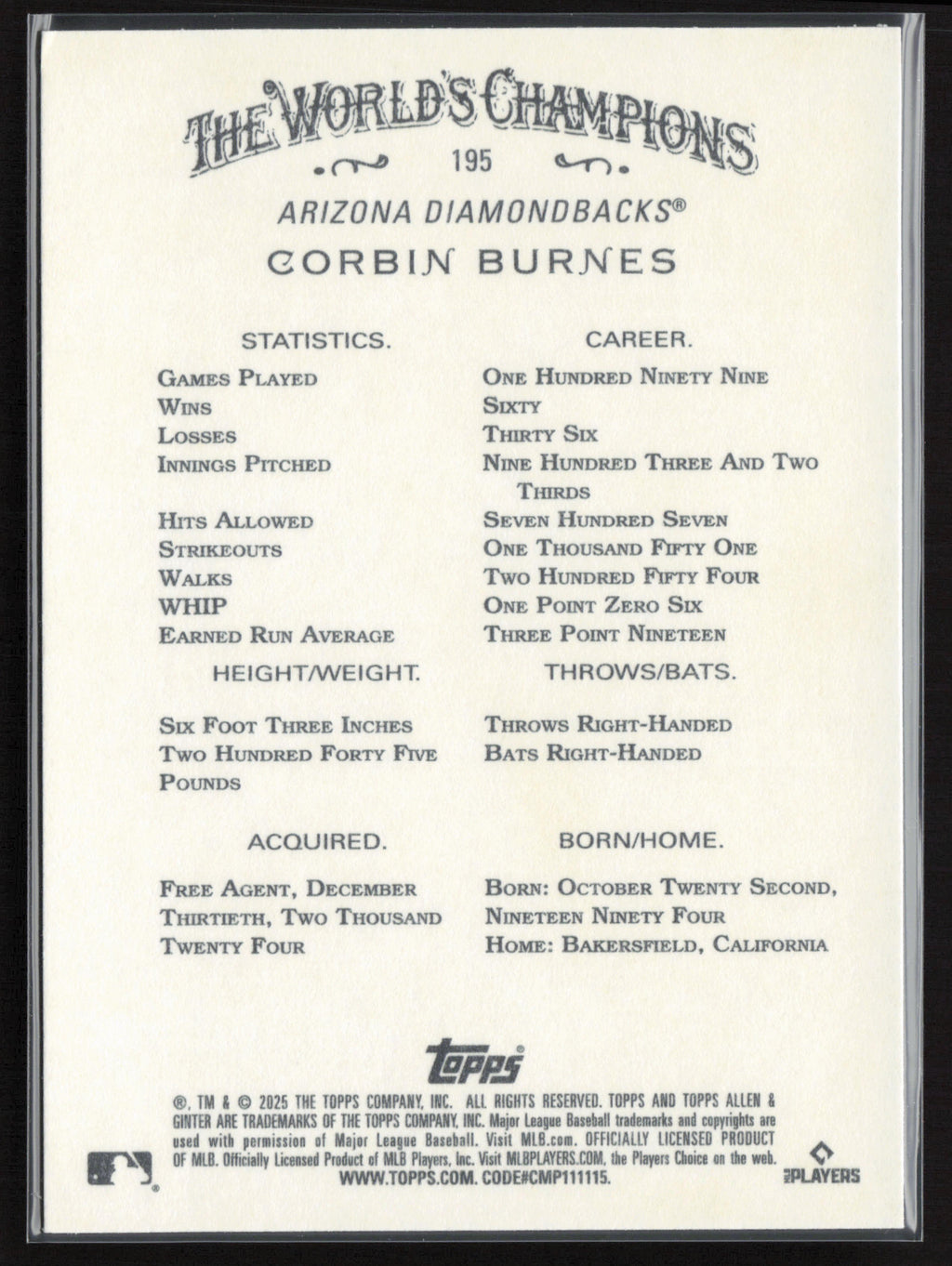 2025 Topps Allen & Ginter #195 Corbin Burnes