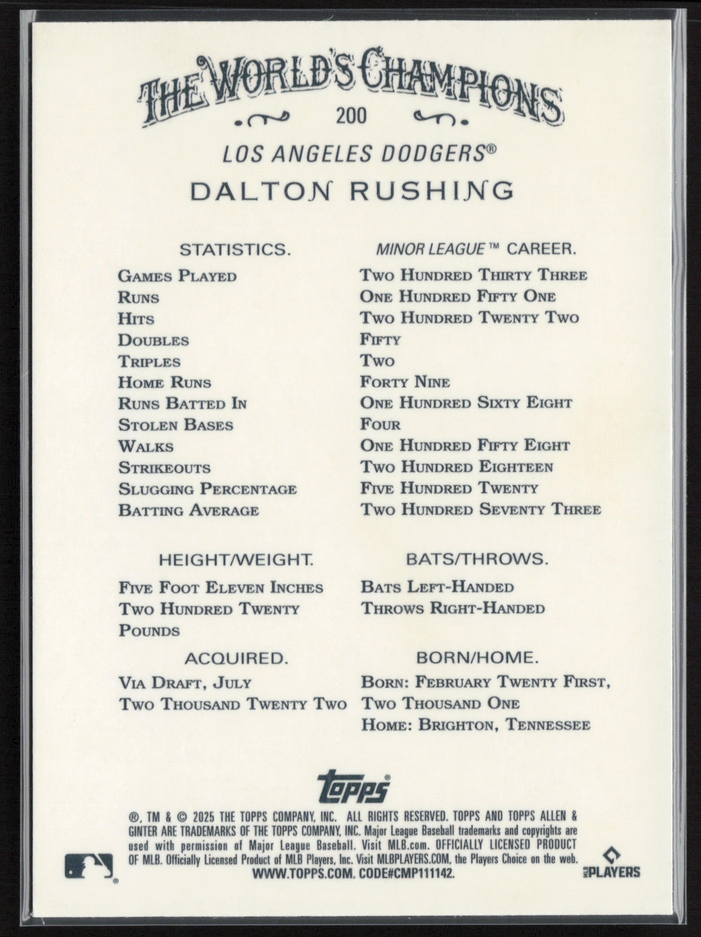 2025 Topps Allen & Ginter #200 Dalton Rushing Chrome