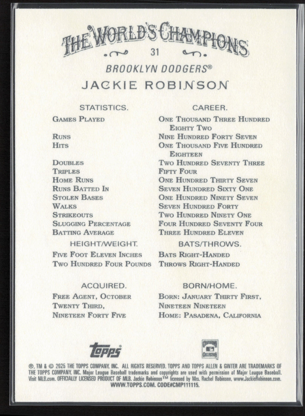 2025 Topps Allen & Ginter #31 Jackie Robinson