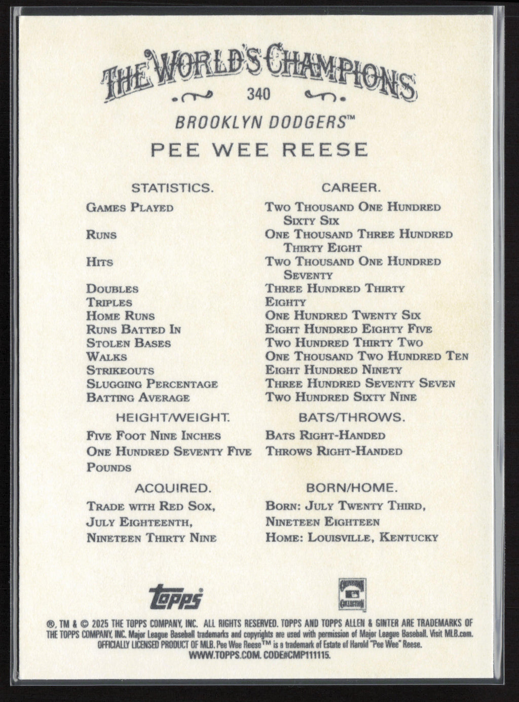 2025 Topps Allen & Ginter #340 Pee Wee Reese