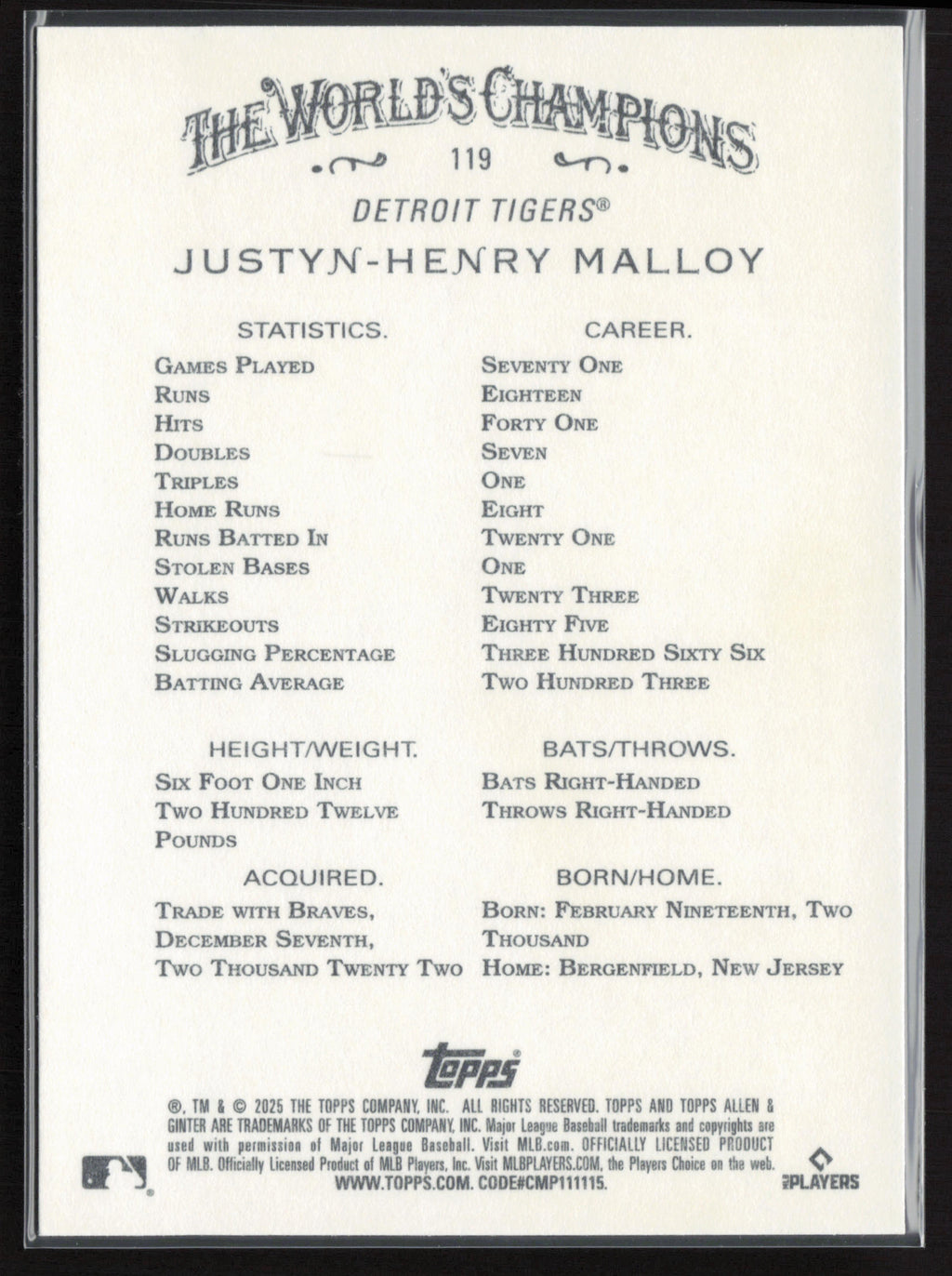 2025 Topps Allen & Ginter #119 Justyn-Henry Malloy