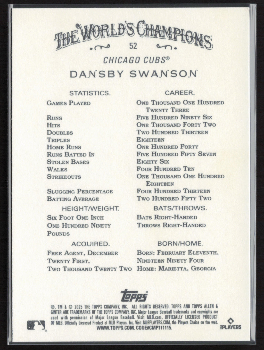 2025 Topps Allen & Ginter #52 Dansby Swanson